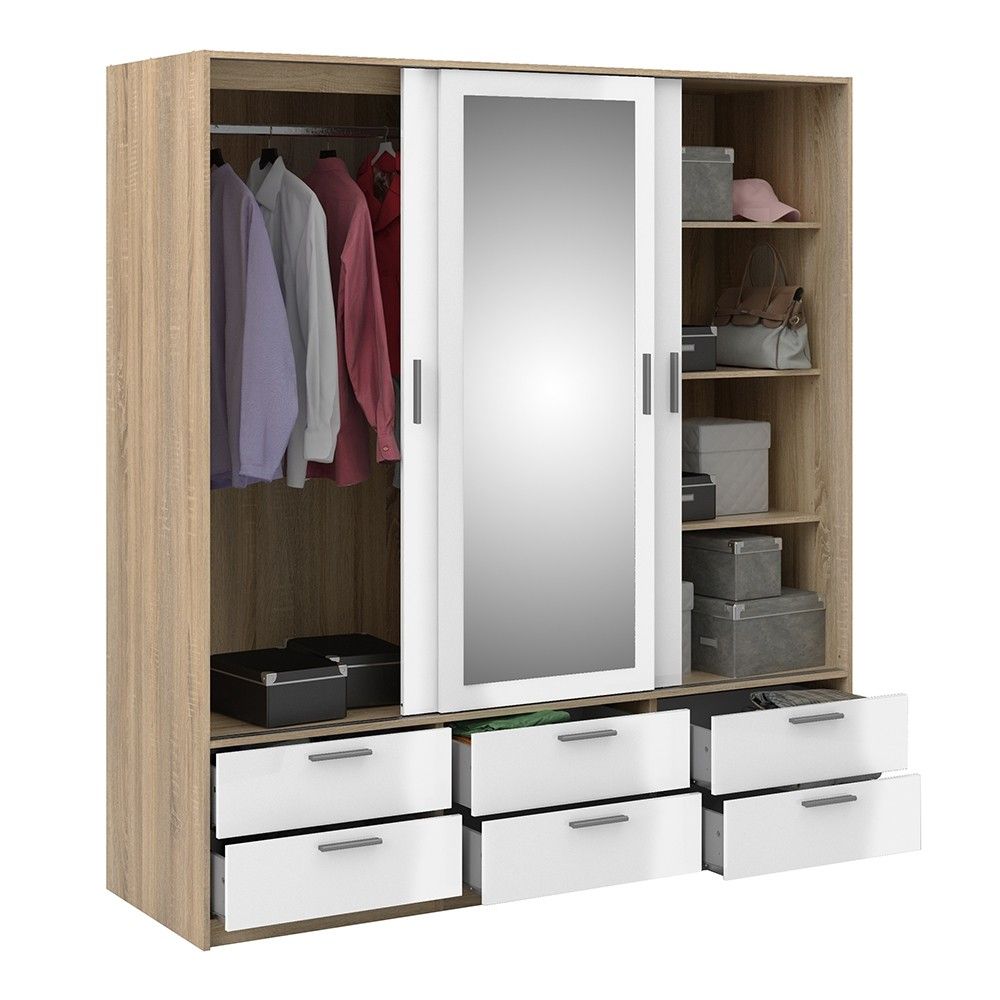 White High Gloss Oak Framed Mirror Sliding 3 Door Triple Wardrobe