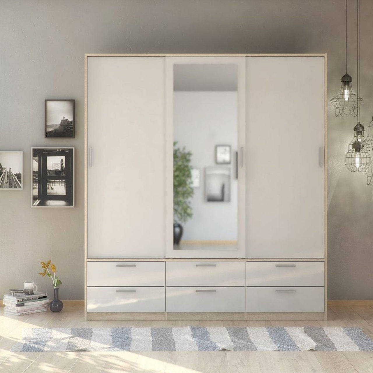 White High Gloss Oak Framed Mirror Sliding 3 Door Triple Wardrobe