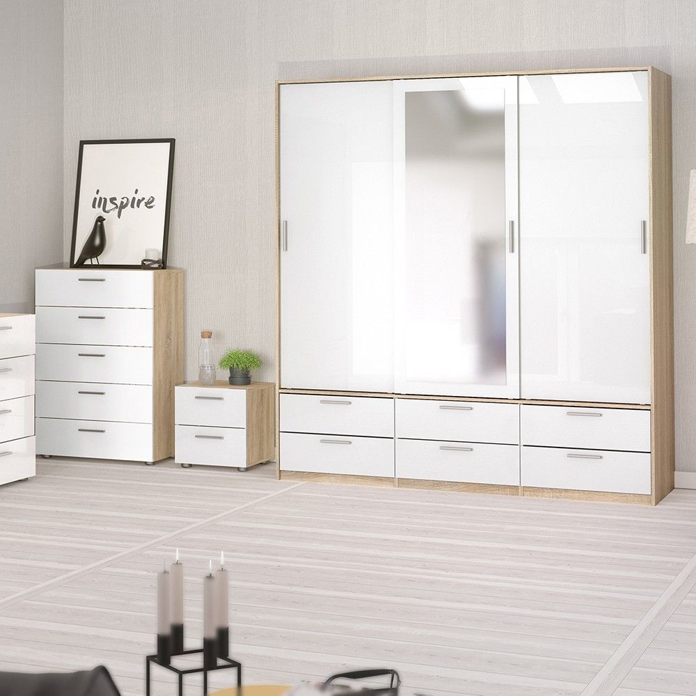 White High Gloss Oak Framed Mirror Sliding 3 Door Triple Wardrobe