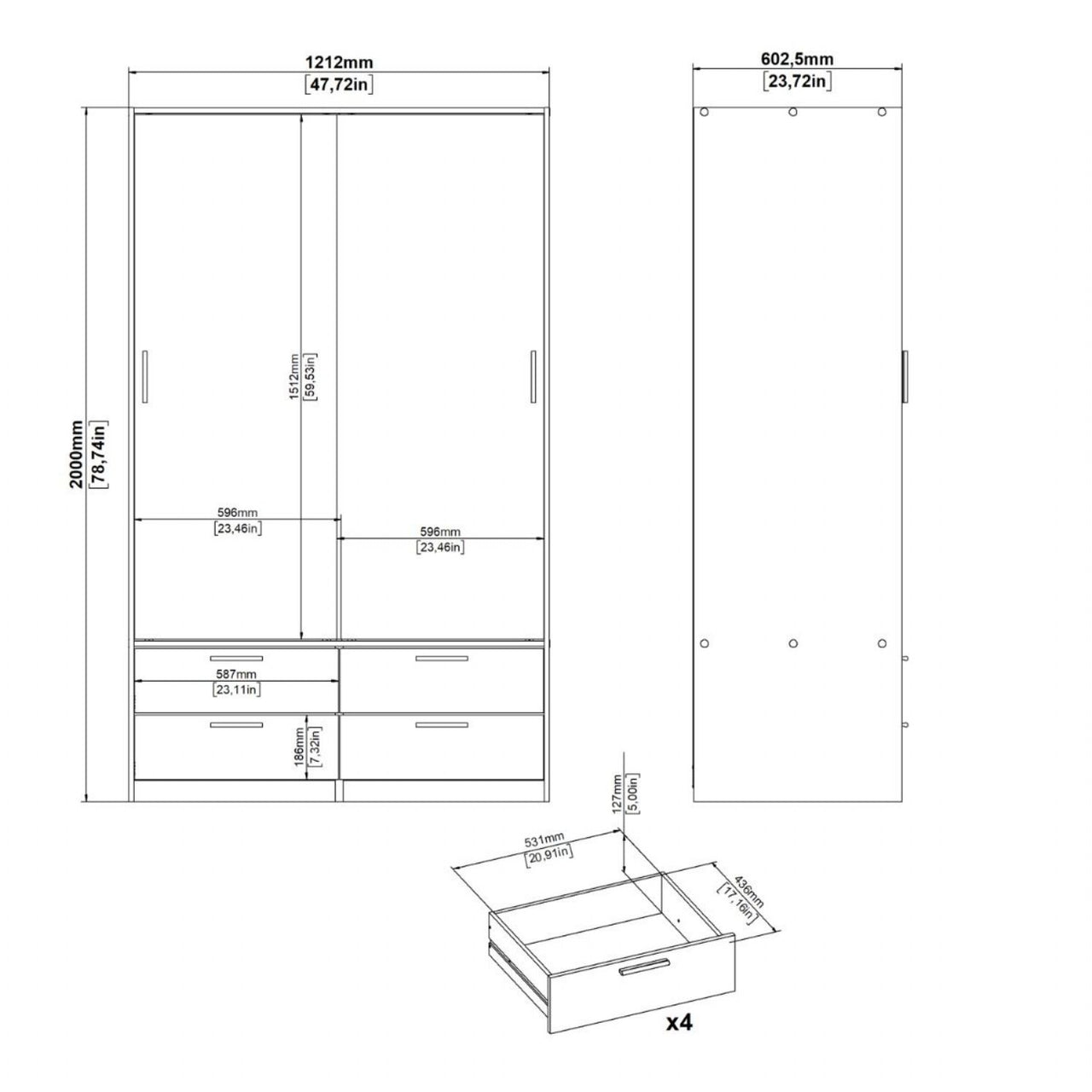 Line Wardrobe with 2 Sliding Doors and 4 Drawers, White