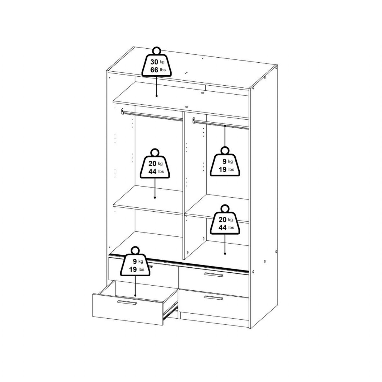 Line Wardrobe with 2 Sliding Doors and 4 Drawers, White