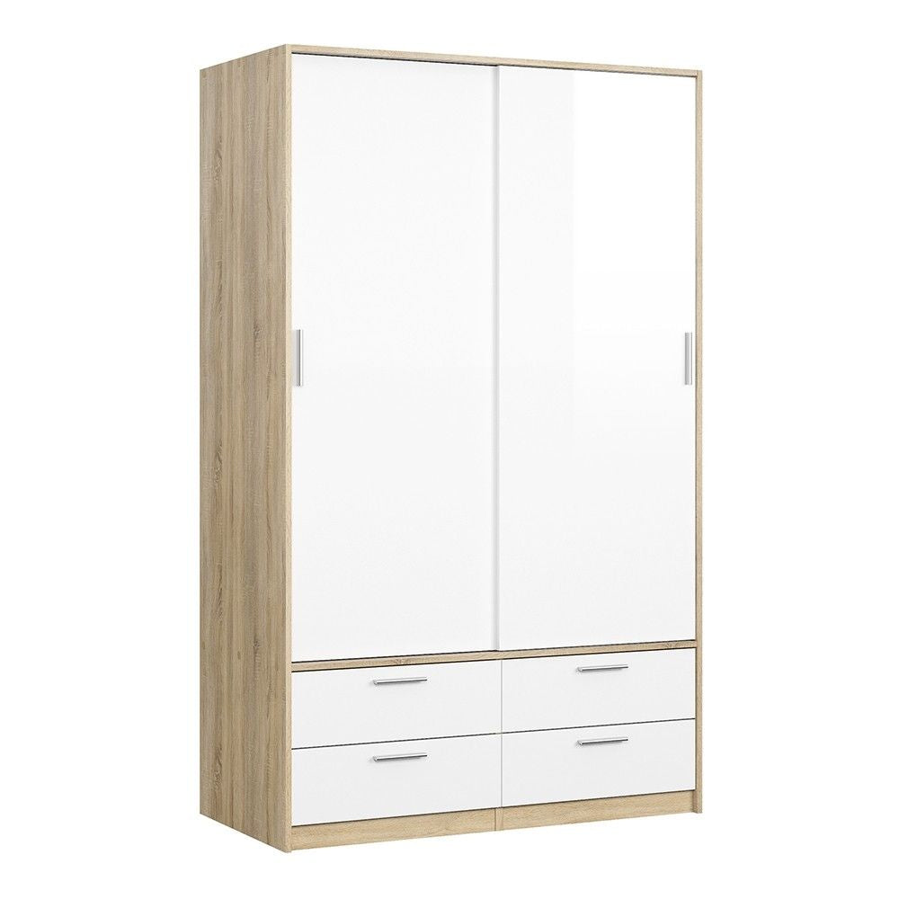 Oak and White High Gloss Sliding Door Double Wardrobe 2 Doors 4 Drawer Base