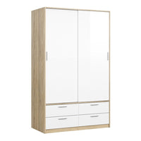 Thumbnail for Oak and White High Gloss Sliding Door Double Wardrobe 2 Doors 4 Drawer Base