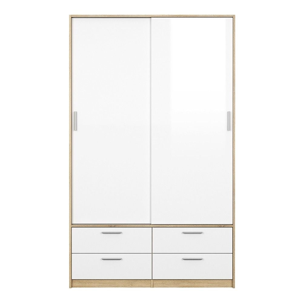 Oak and White High Gloss Sliding Door Double Wardrobe 2 Doors 4 Drawer Base