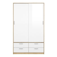 Thumbnail for Oak and White High Gloss Sliding Door Double Wardrobe 2 Doors 4 Drawer Base