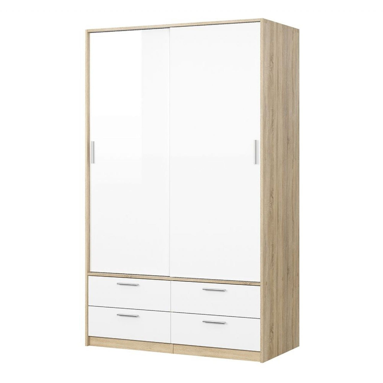 Oak and White High Gloss Sliding Door Double Wardrobe 2 Doors 4 Drawer Base