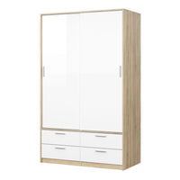 Thumbnail for Oak and White High Gloss Sliding Door Double Wardrobe 2 Doors 4 Drawer Base