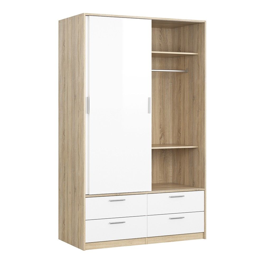 Oak and White High Gloss Sliding Door Double Wardrobe 2 Doors 4 Drawer Base