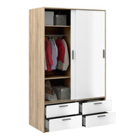 Thumbnail for Oak and White High Gloss Sliding Door Double Wardrobe 2 Doors 4 Drawer Base