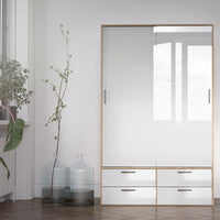 Thumbnail for Oak and White High Gloss Sliding Door Double Wardrobe 2 Doors 4 Drawer Base