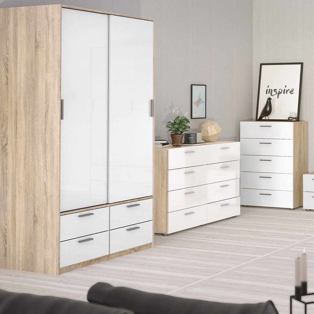 Oak and White High Gloss Sliding Door Double Wardrobe 2 Doors 4 Drawer Base