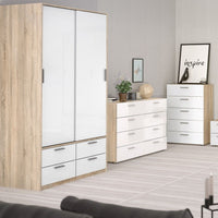 Thumbnail for Oak and White High Gloss Sliding Door Double Wardrobe 2 Doors 4 Drawer Base