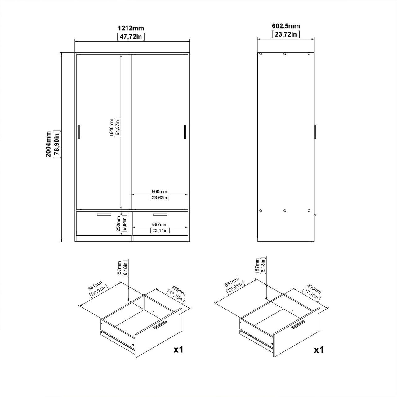 Line Wardrobe with 2 Doors 2 Drawers in Black and Jackson Hickory Oak