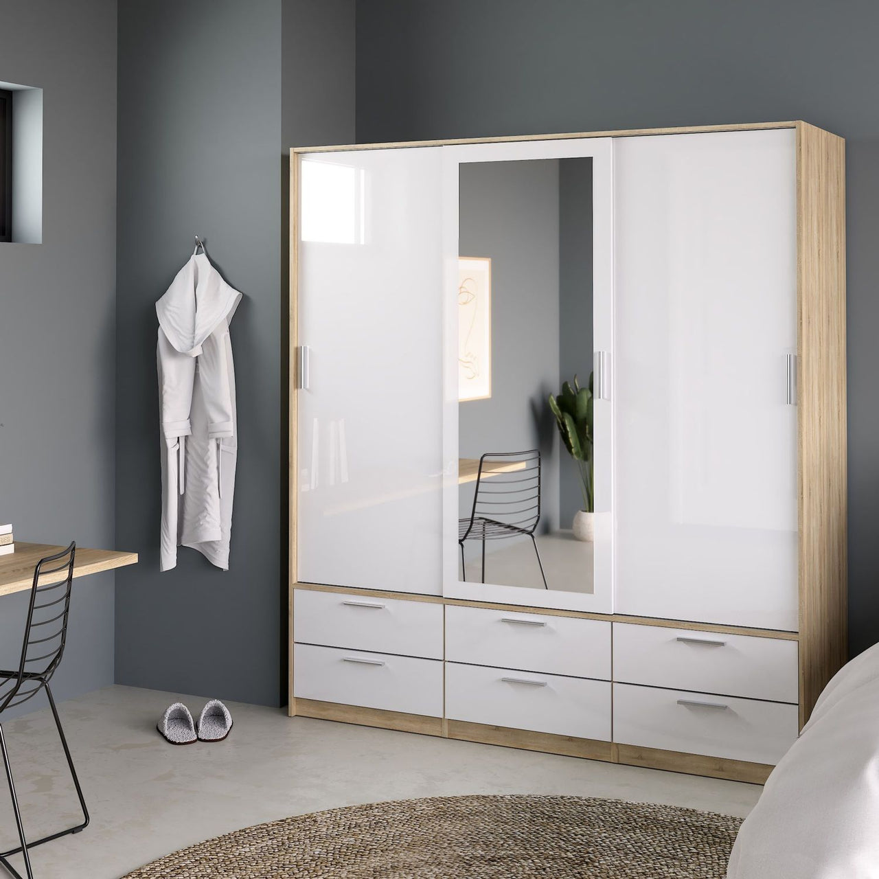 White High Gloss Oak Framed Mirror Sliding 3 Door Triple Wardrobe