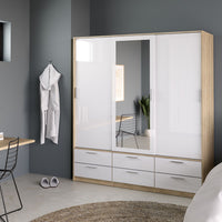 Thumbnail for White High Gloss Oak Framed Mirror Sliding 3 Door Triple Wardrobe