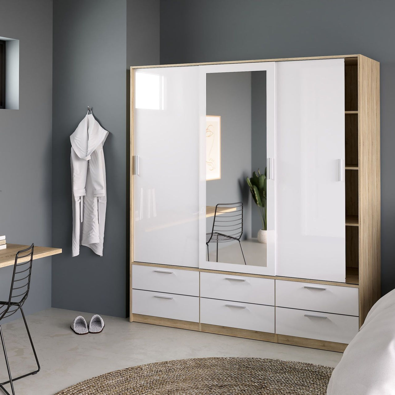 White High Gloss Oak Framed Mirror Sliding 3 Door Triple Wardrobe