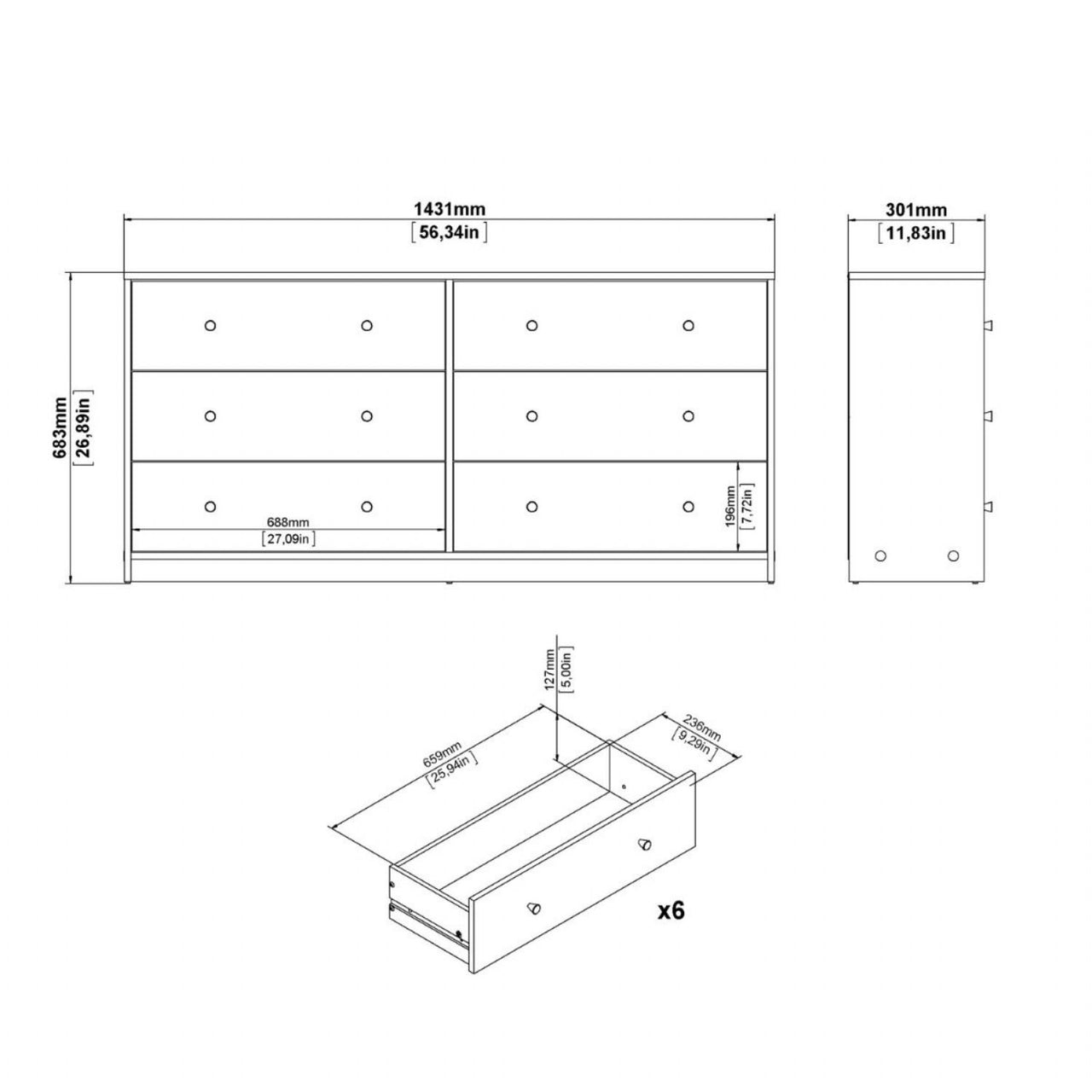 Chest of 6 Drawers (3+3) in White