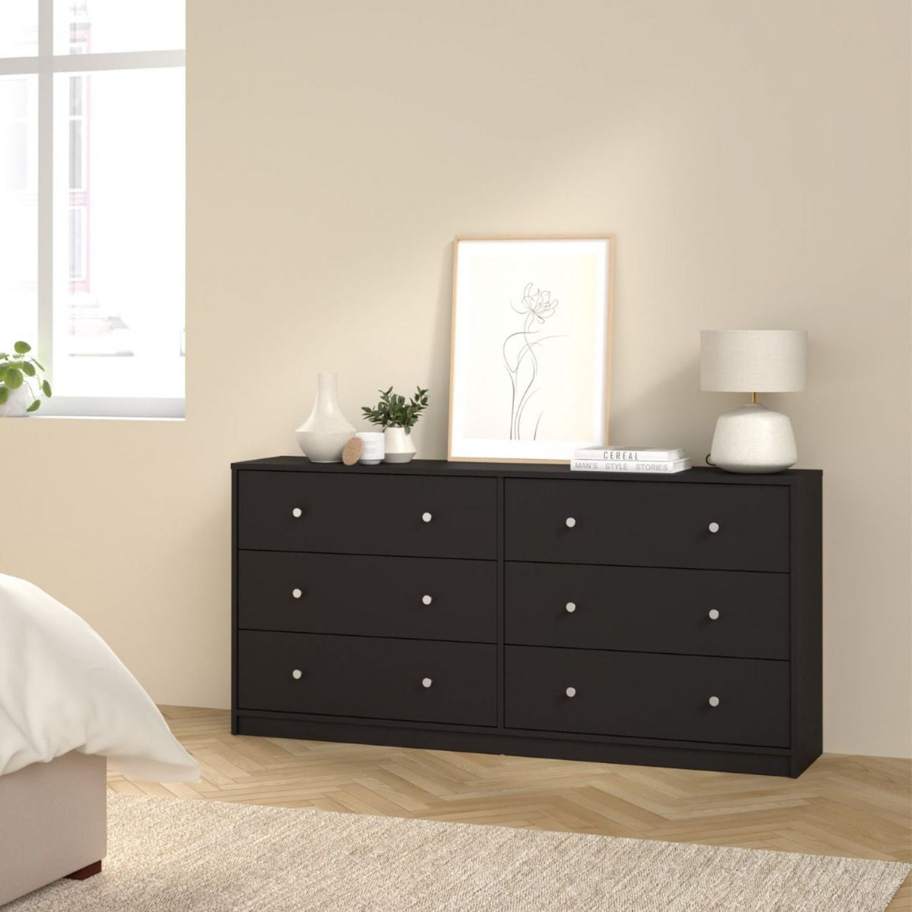 Black Wide 6 Drawer Wooden Double Midi Chest of Drawers