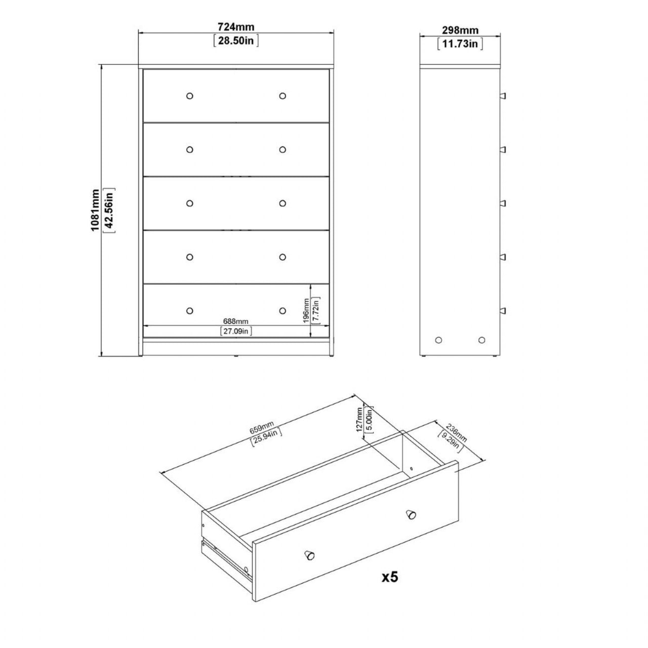 Large Tall Dark Walnut Chest of 5 Drawers 108 x 72cm