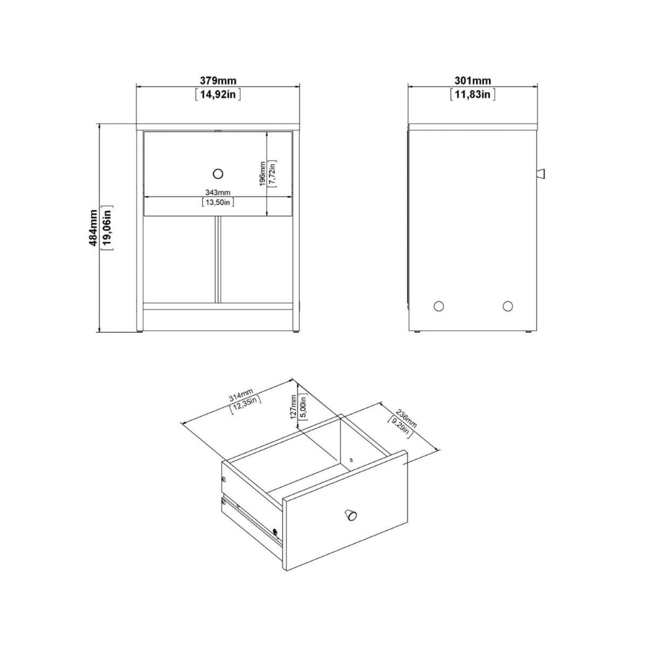 Modern Grey Laminated Bedside Cabinet With 1 Drawer 48x38cm