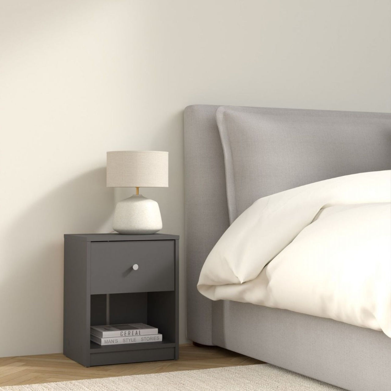 Modern Grey Laminated Bedside Cabinet With 1 Drawer 48x38cm