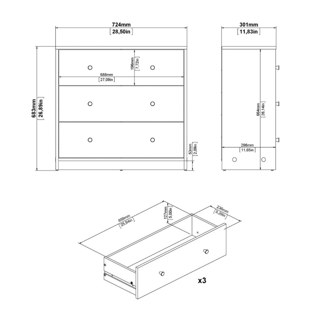 Chest of 3 Drawers in White