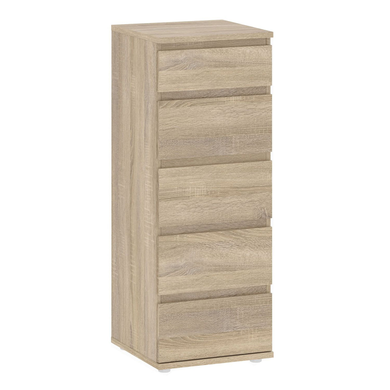 Tall Narrow Slim Oak 5 Drawer Chest With Recessed Handles