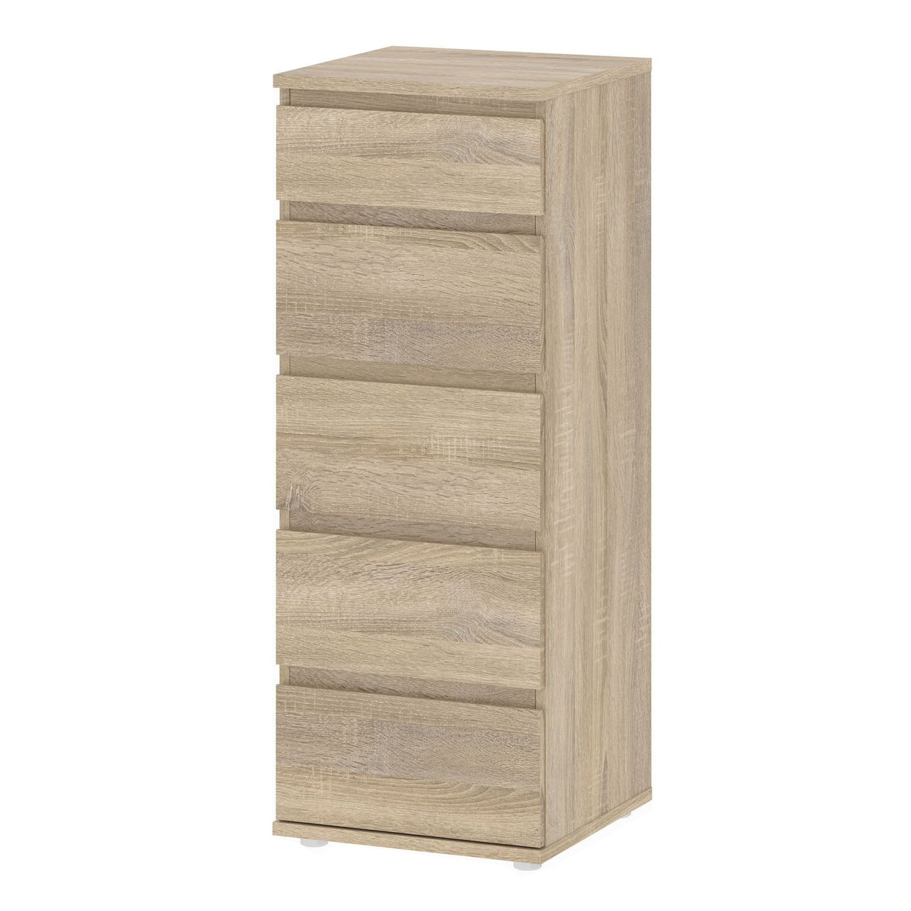 Tall Narrow Slim Oak 5 Drawer Chest With Recessed Handles