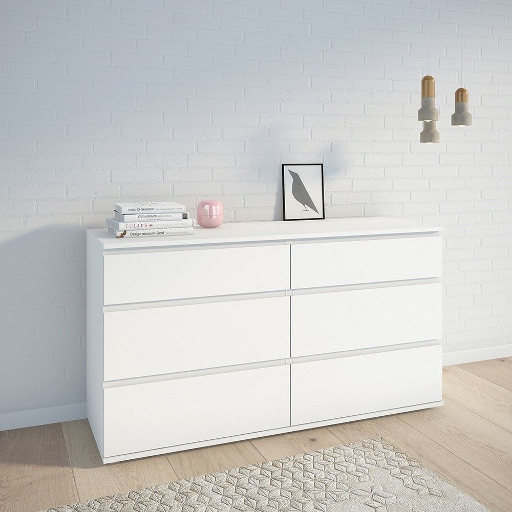 Simple White Wide Chest of 6 Drawers