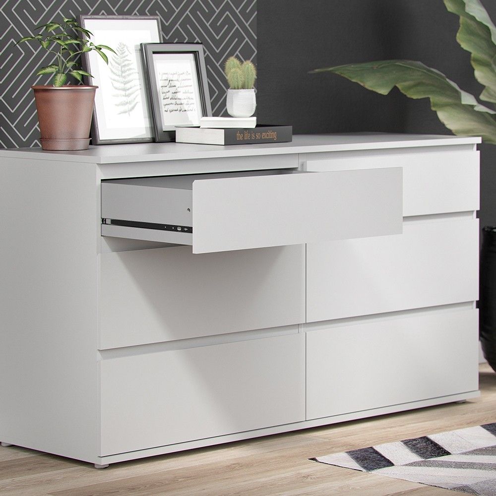 Simple White Wide Chest of 6 Drawers