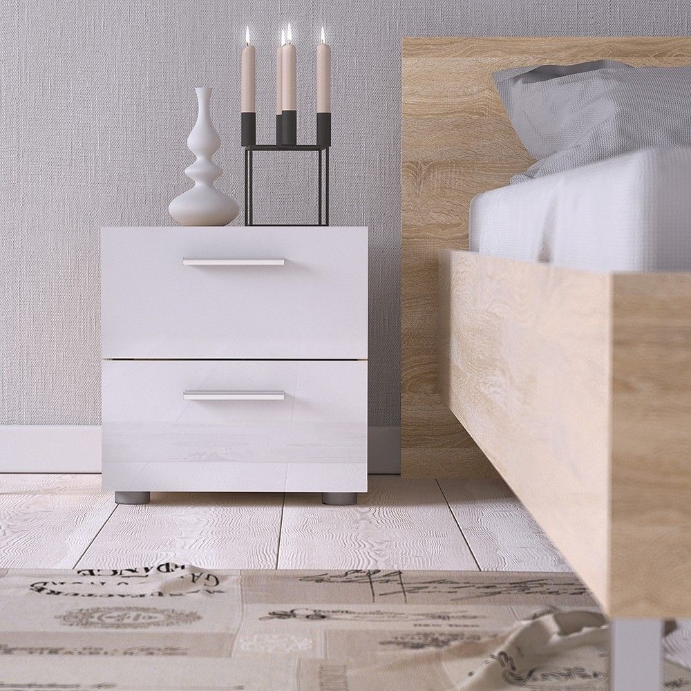 Pepe Bedside 2 Drawers in Oak With White High Gloss