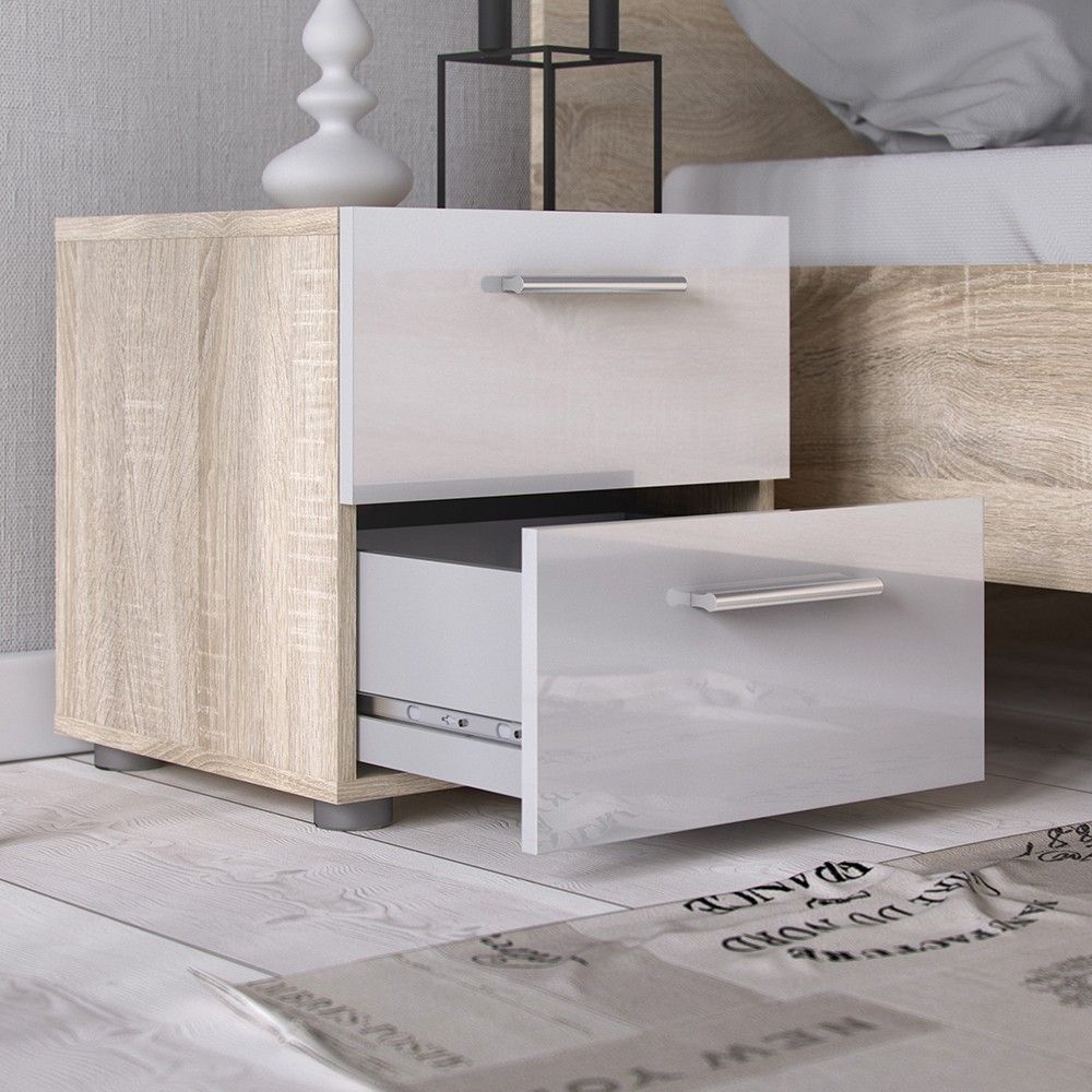 Pepe Bedside 2 Drawers in Oak With White High Gloss