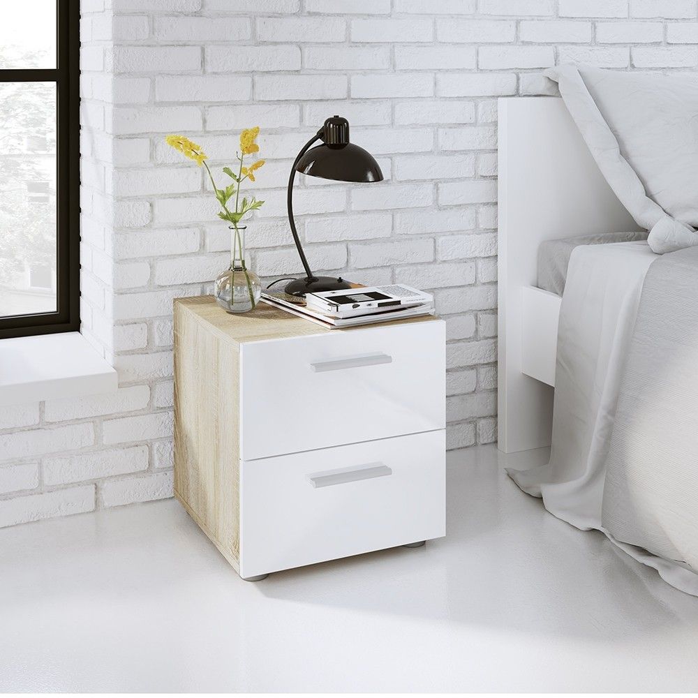 Pepe Bedside 2 Drawers in Oak With White High Gloss