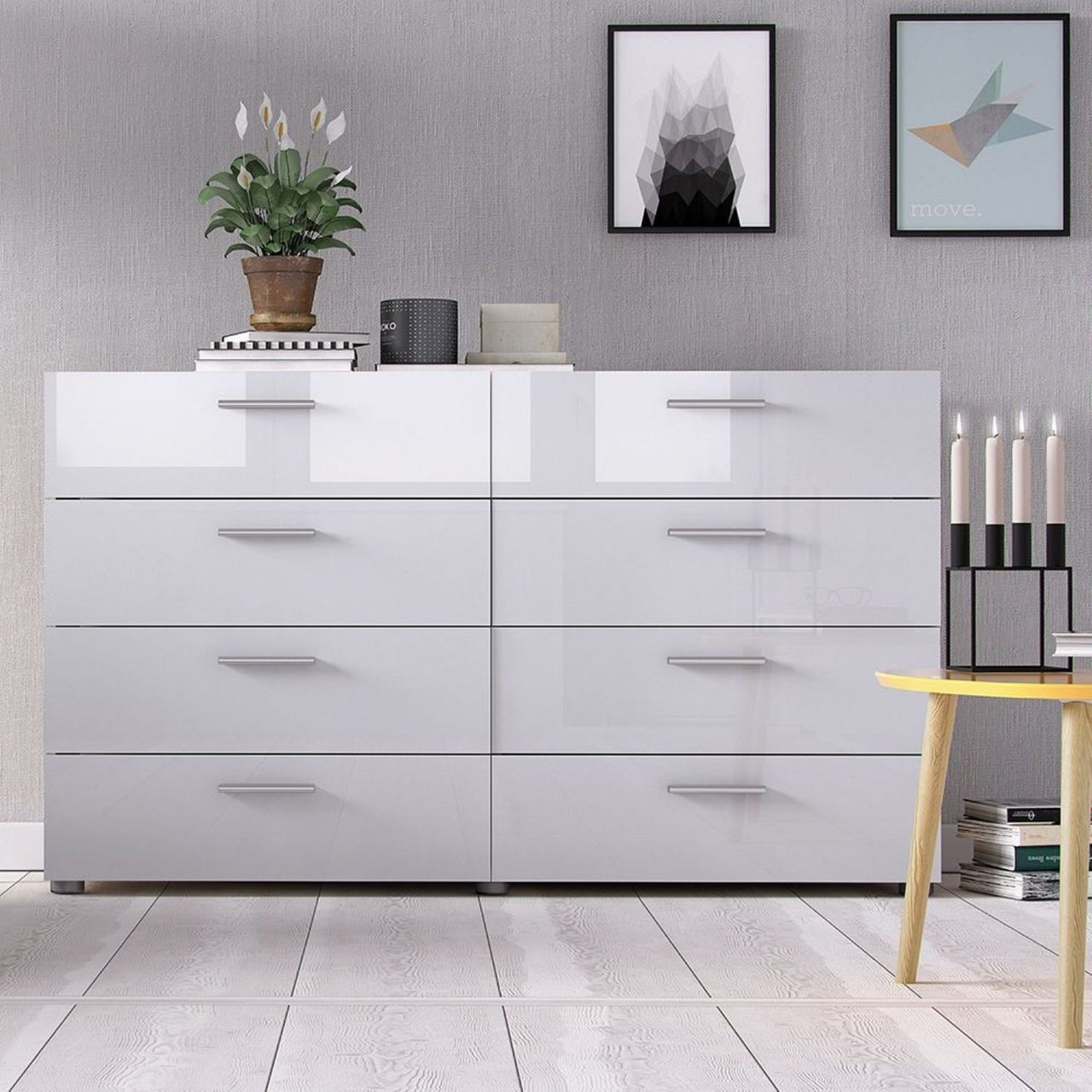 Oak And White High Gloss 8 Drawer Chest