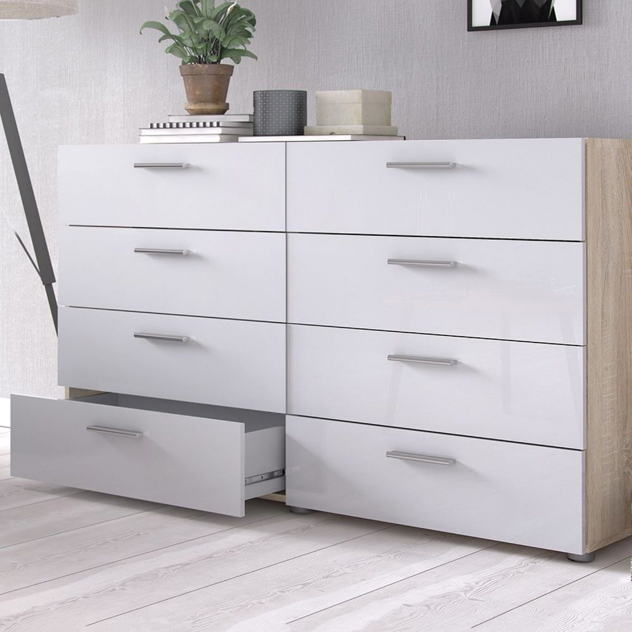 Oak And White High Gloss 8 Drawer Chest