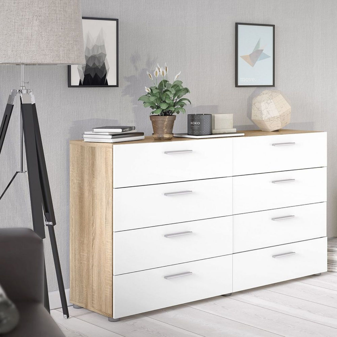 Oak And White High Gloss 8 Drawer Chest