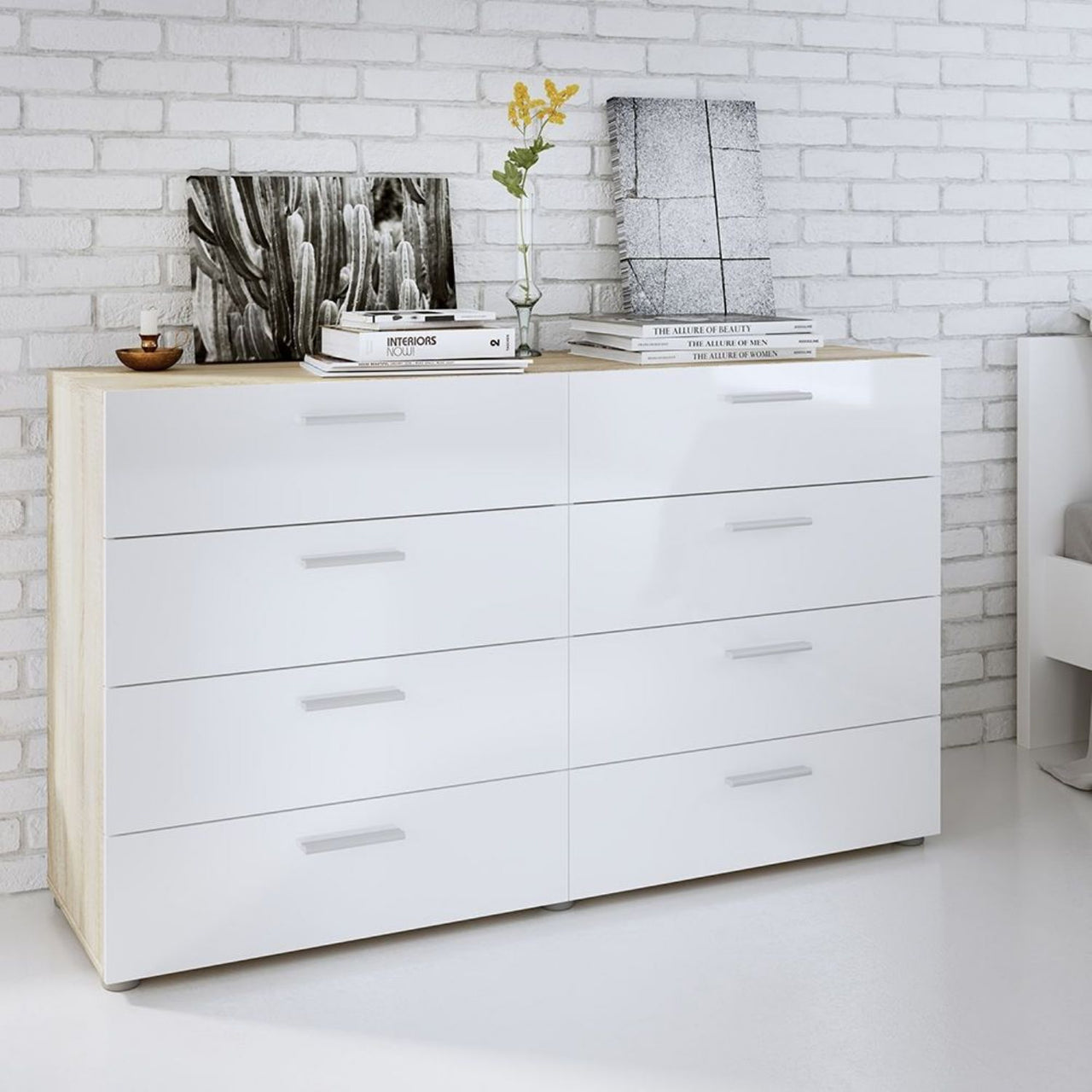 Oak And White High Gloss 8 Drawer Chest