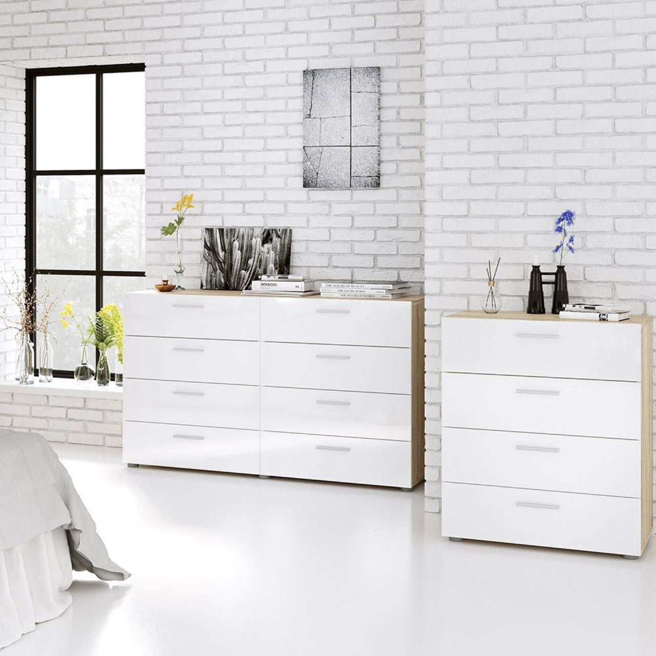 Oak And White High Gloss 8 Drawer Chest