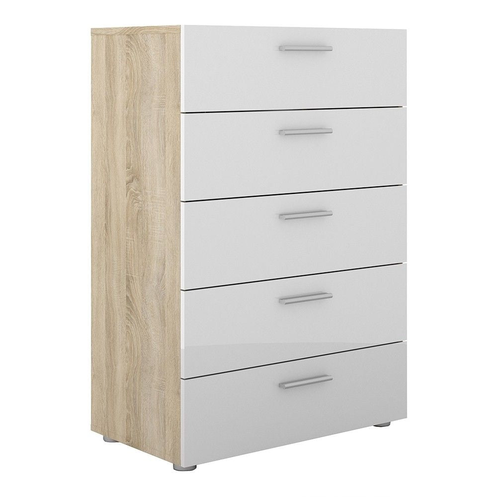 Modern Chest of 5 Drawers in Oak With White High Gloss 70 x 102cm