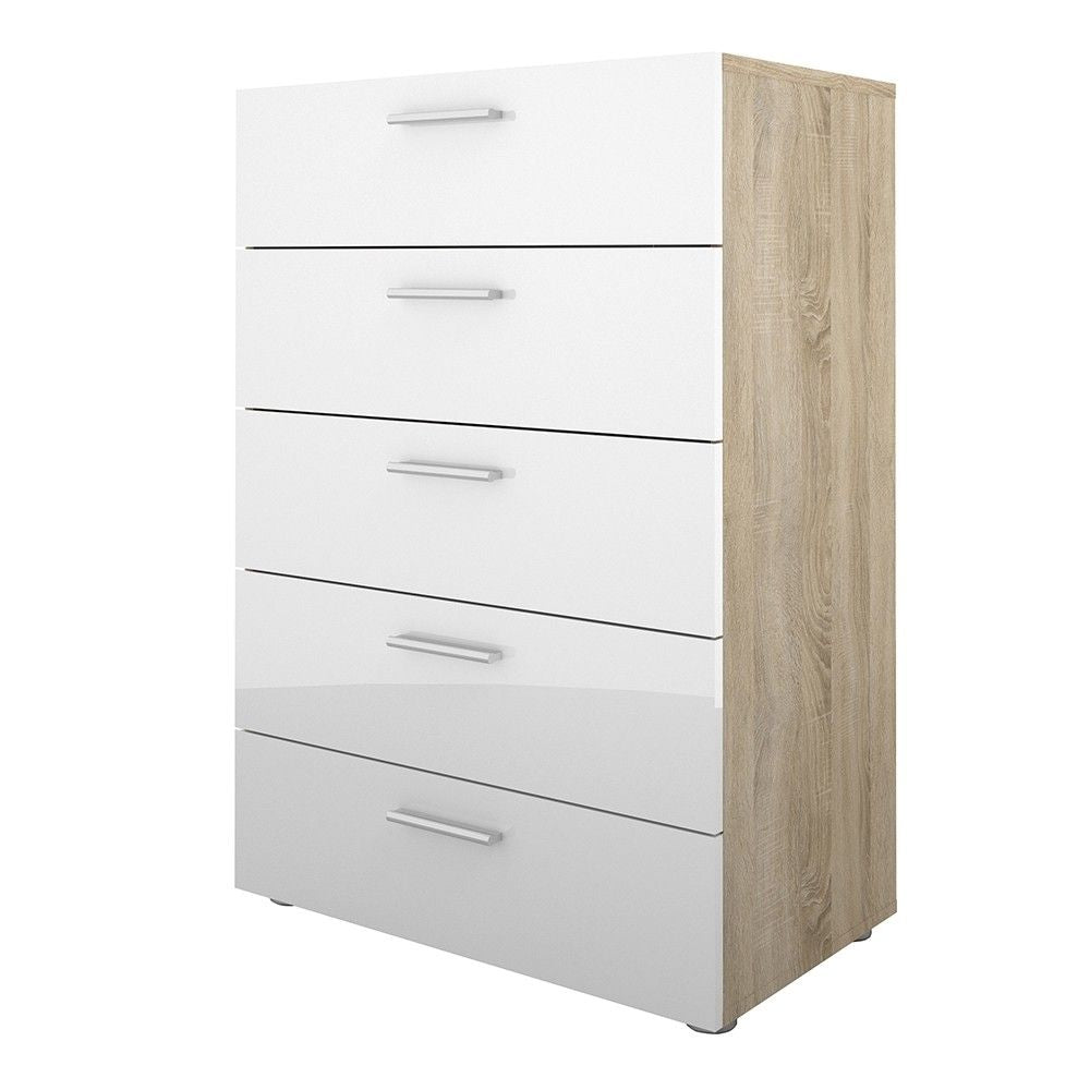 Modern Chest of 5 Drawers in Oak With White High Gloss 70 x 102cm