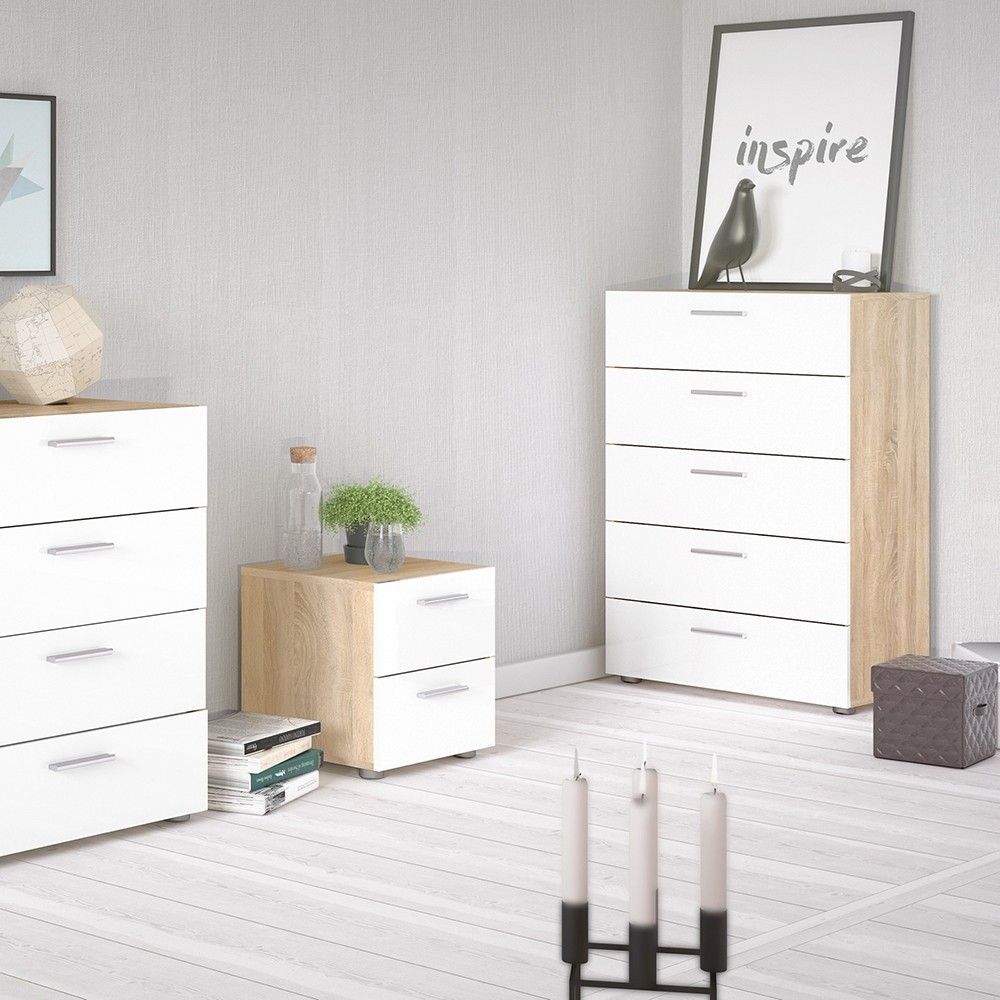 Modern Chest of 5 Drawers in Oak With White High Gloss 70 x 102cm