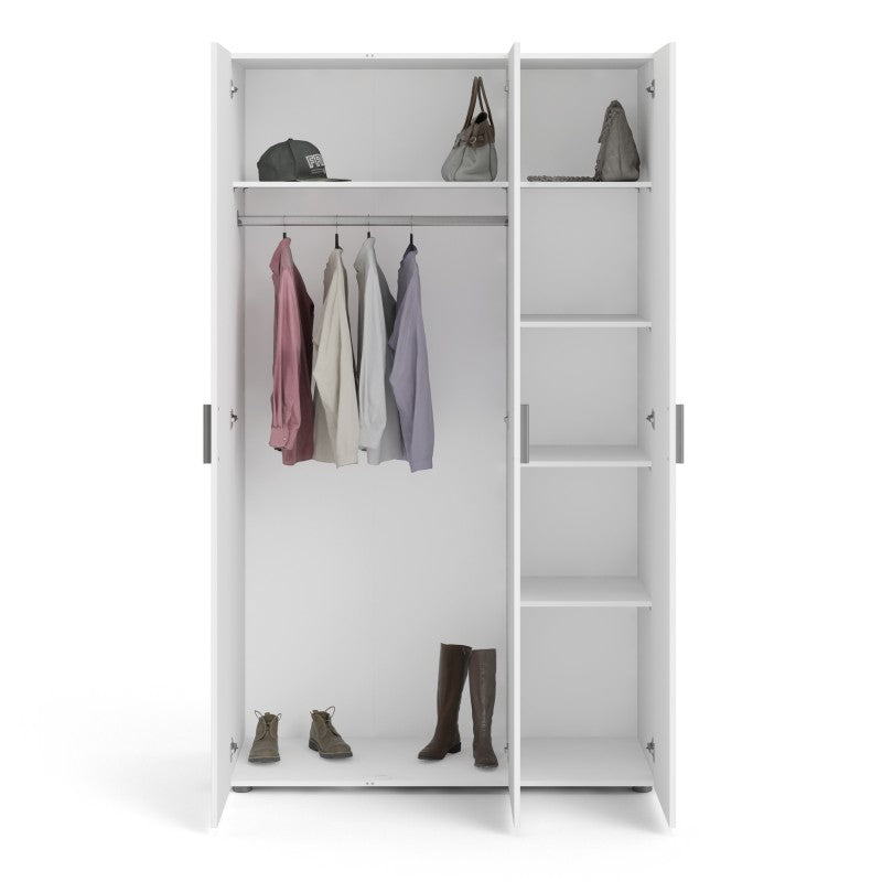 White 3 Door Triple Plain Wardrobe 200cm Tall x 118cm Wide