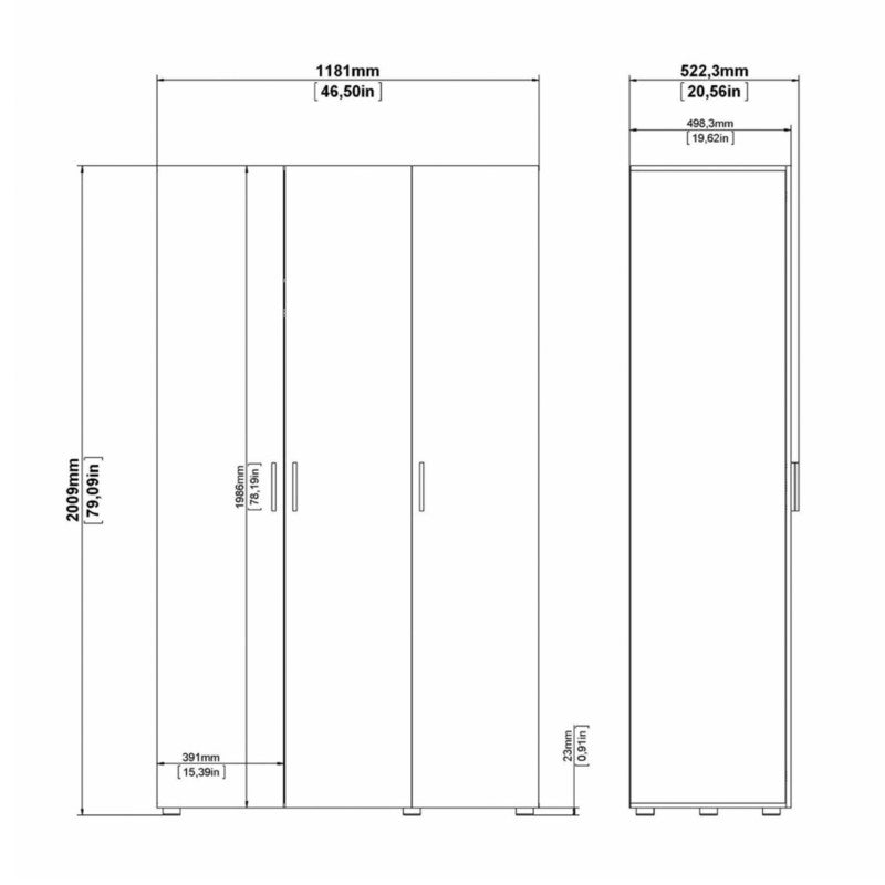 White 3 Door Triple Plain Wardrobe 200cm Tall x 118cm Wide