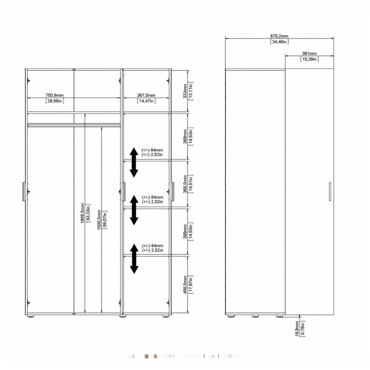 Pepe Wardrobe with 3 doors in Oak with White High Gloss