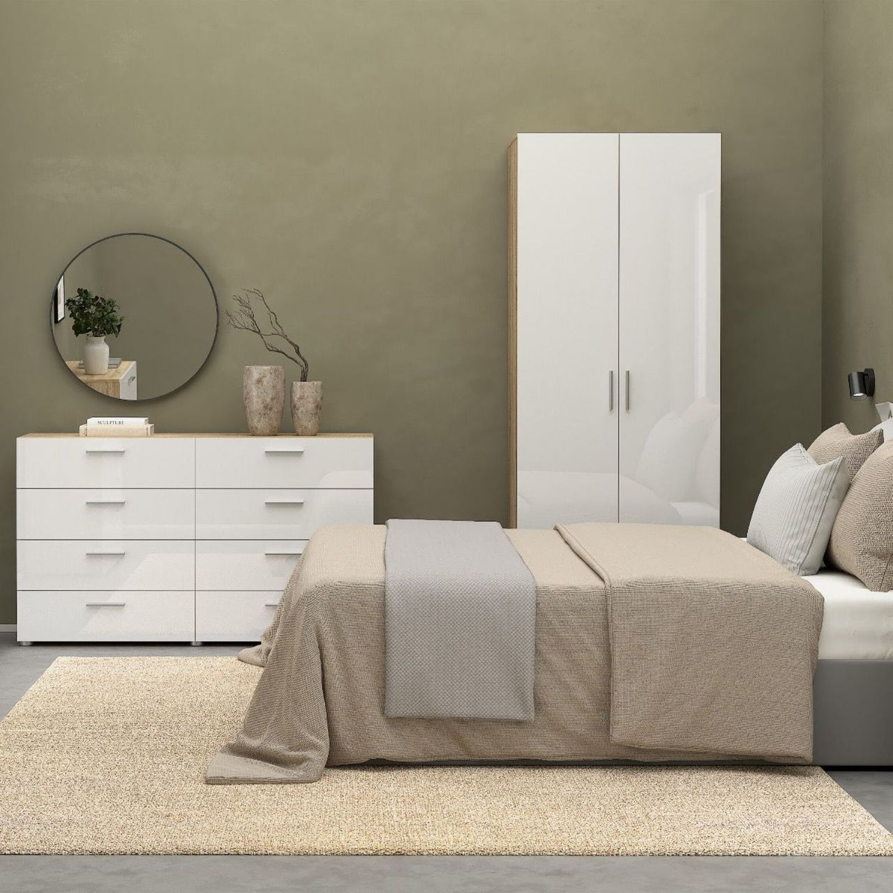 Pepe Package Bedside 2 Drawers + Chest of 4 Drawers + Wardrobe with 2 doors in Oak with White High Gloss