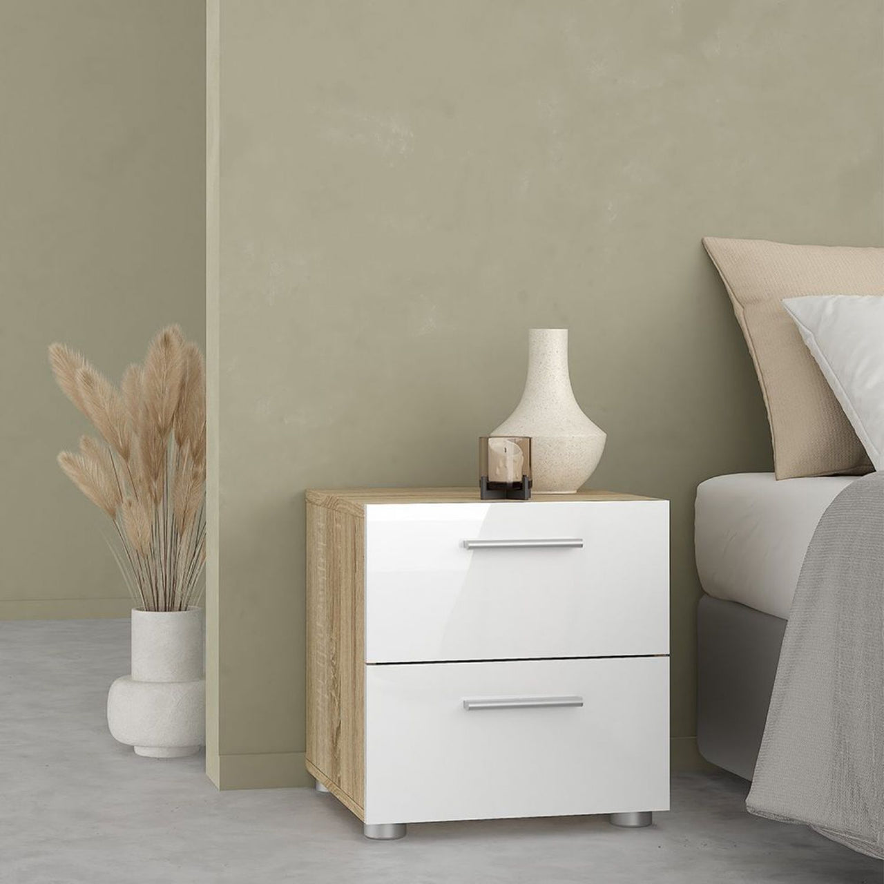 Pepe Package Bedside 2 Drawers + Chest of 4 Drawers + Wardrobe with 2 doors in Oak with White High Gloss