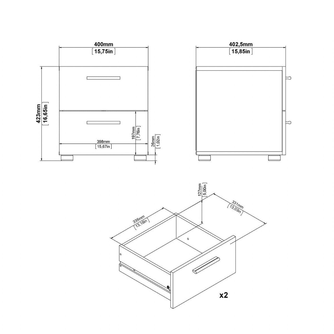 Pepe Package Bedside 2 Drawers + Chest of 4 Drawers + Wardrobe with 2 doors in Oak with White High Gloss