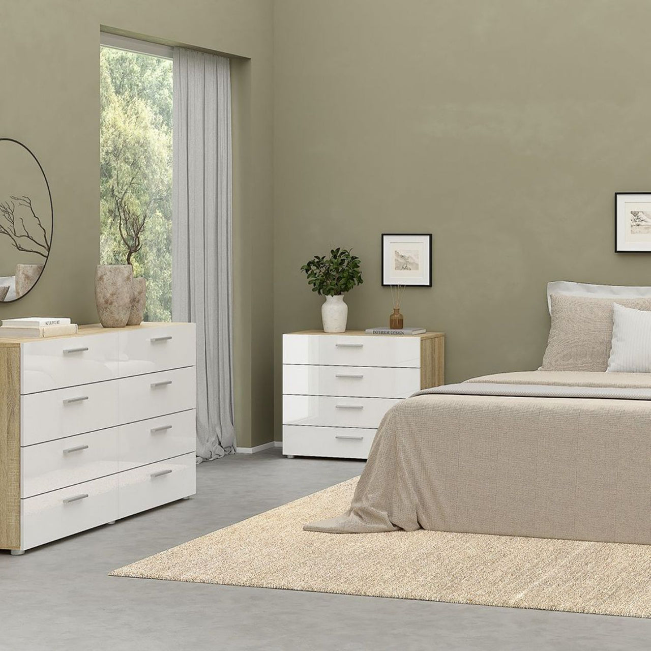 Pepe Package Bedside 2 Drawers + Chest of 4 Drawers + Wardrobe with 2 doors in Oak with White High Gloss