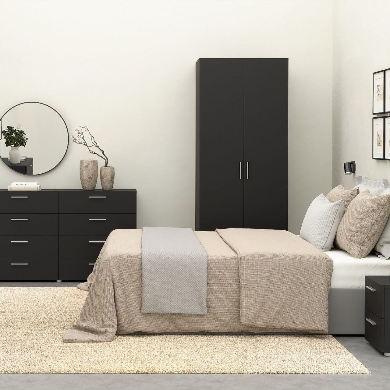 Pepe Package Bedside 2 Drawers + Chest of 4 Drawers + Wardrobe with 2 doors in Black