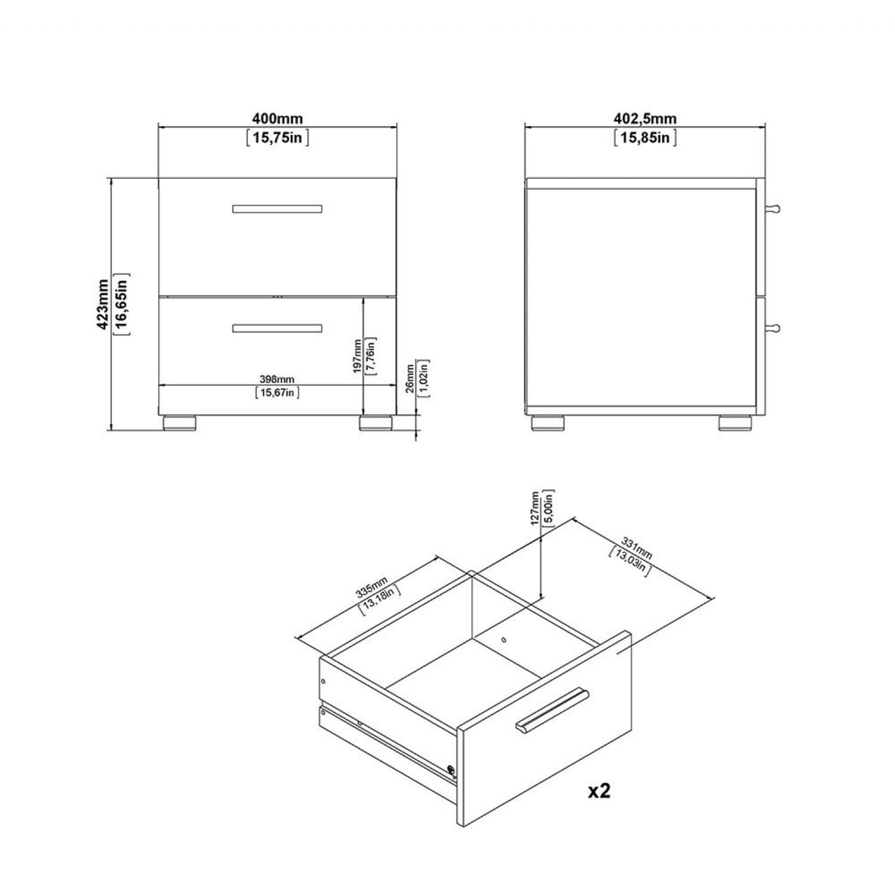 Pepe Package Bedside 2 Drawers + Chest of 4 Drawers + Wardrobe with 2 doors in Black